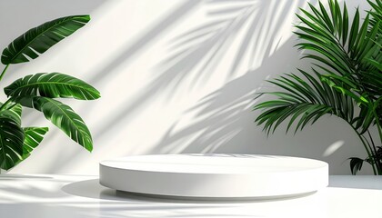 Fototapeta premium Modern minimalist display platform surrounded by lush greenery indoor botanical space high-quality photography bright natural light