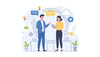 Diverse colleagues engaged in a dynamic business meeting, discussing ideas and feedback using tablets and speech bubbles, symbolizing collaboration, communication, and innovation within a modern