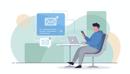 Modern flat illustration of a person using a smartphone and laptop, receiving email notifications on a digital interface, symbolizing communication and connectivity in a contemporary business or