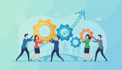 Diverse team of professionals collaborating to assemble interlocking gears, symbolizing teamwork, synergy, and business growth, with an upward trending arrow composed of dots in the background