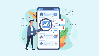 Man examining a smartphone screen with a magnifying glass, focusing on social media notifications, including a megaphone icon, a broken heart, a red cross, an exclamation mark, a spider web, and a