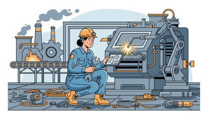 A skilled female engineer in a hard hat and blue overalls meticulously inspects a tablet while holding a wrench, overseeing a robotic arm welding on a complex industrial machine in a factory setting