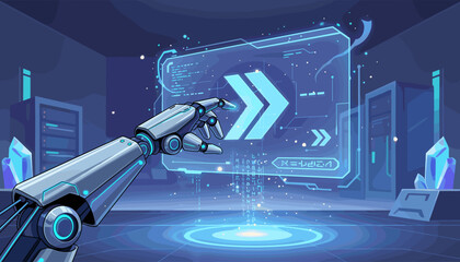 Futuristic robotic arm interacting with a glowing holographic interface displaying data streams, code, and directional arrows, symbolizing innovation, artificial intelligence, and technological