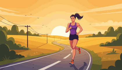 Vibrant illustration of a determined female athlete with a muscular physique running on a winding rural road during a breathtaking sunset, embodying fitness, health, and an active lifestyle amidst