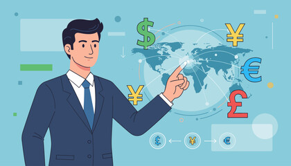 Dynamic illustration of a businessman interacting with a global currency exchange concept, featuring currency symbols like dollar, euro, pound, and yen, overlaid on a world map with interconnected