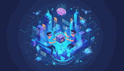 Futuristic digital metaverse technology with two people wearing VR headsets interacting with a holographic cube, surrounded by a glowing cityscape, drones, a brain icon, and a globe, representing