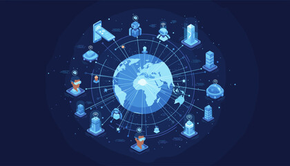 Futuristic global network connecting intelligent devices, people with VR headsets, robots, and smart buildings, illustrating the interconnectedness of modern technology and the digital world with