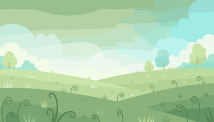 Serene pastel green rolling hills landscape with whimsical curly plants and soft clouds under a gradient sky, evoking a peaceful and natural countryside ambiance, perfect for backgrounds and design