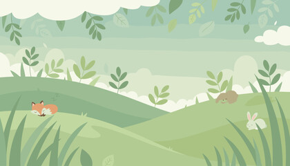 Charming vector illustration of a serene natural landscape with rolling green hills, soft pastel clouds, and lush foliage, featuring adorable sleeping animals like a fox and rabbits, evoking a sense