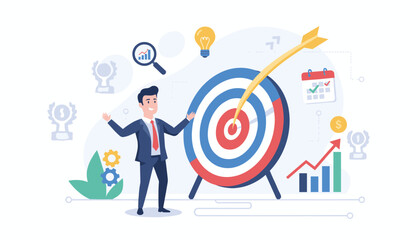 Successful businessman stands next to a dartboard with an arrow in the bullseye, symbolizing goal setting, target achievement, and focus on success, surrounded by business icons like a calendar