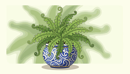 Lush, vibrant green fern plant with curled fronds thriving in a decorative blue and white patterned ceramic pot, casting soft shadows against a blurred green background, symbolizing growth and