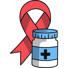 Red awareness ribbon alongside a light blue medicine bottle with a cross symbol on a transparent background representing health and support medical awareness campaigns