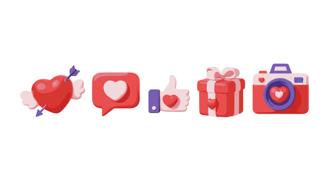 A vibrant collection of 3D icons representing love and social media engagement, featuring a winged heart pierced by an arrow, a chat bubble with a heart, a thumbs-up gesture with a heart, a gift box