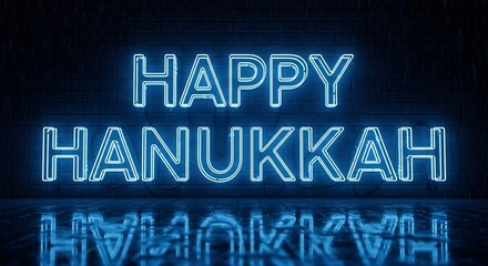 Bright blue neon 'Happy Hanukkah' sign, perfect for holiday greetings, event promotions, or adding festive cheer to digital designs and social media posts. Festivities.