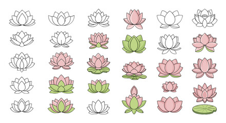 Collection of stylized lotus flowers in various colors and arrangements, including pink, green, and white, presented as clean vector illustrations on a black background, perfect for design elements