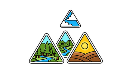 A collection of four triangular graphic elements, each depicting a distinct natural landscape scene: one with dark clouds and a blue sky, another with lush green trees and a winding river, a third