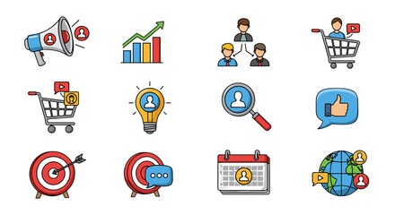 A vibrant collection of 12 flat design icons representing business concepts, marketing strategies, and digital communication, including a megaphone, growth chart, team hierarchy, shopping cart, idea