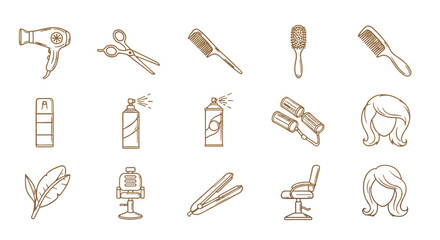 Golden outline icons of hairdressing tools and hairstyles on a black background, including a hairdryer, scissors, combs, hairspray cans, rollers, hair straightener, barber chair, and stylized female