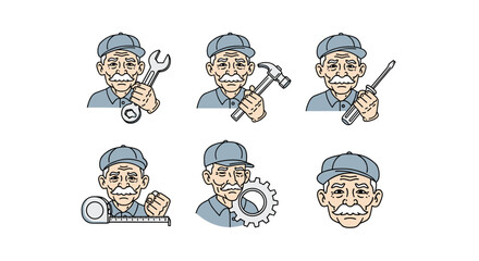 Set of six vintage cartoon illustrations of an elderly mechanic with a mustache, wearing a cap, holding various tools like a wrench, hammer, screwdriver, measuring tape, and a gear, representing