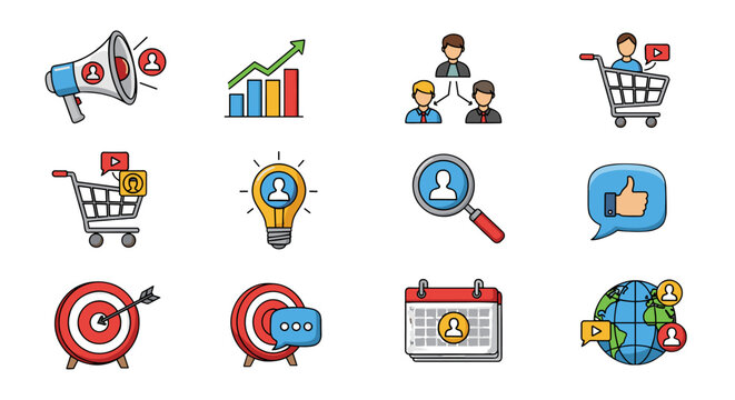 A vibrant collection of 12 flat design icons representing business concepts, marketing strategies, and digital communication, including a megaphone, growth chart, team hierarchy, shopping cart, idea
