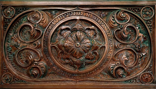 intricate intaglio bronze and patina surface textures with intricate carving and detailing