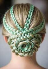 Braided bun updo with mint green highlights for a special occasion hairstyle that is elegant