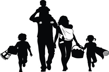 Family Walking Silhouette – Vector Illustration of Parents and Children on Outdoor Trip