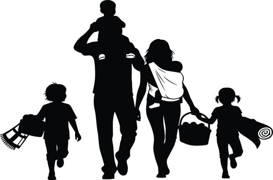 Family Walking Silhouette – Vector Illustration of Parents and Children on Outdoor Trip
