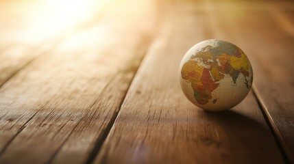 atlas. Miniature globe resting on a wooden surface with soft lighting, representing exploration and global themes. tourism brochures.