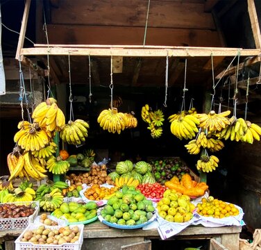 Photography of banana stall southeast asia and local fruit sellers at traditional Indonesian markets
