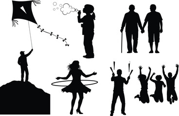 Outdoor Activity Silhouettes – Play, Companionship, and Movement Vector Set