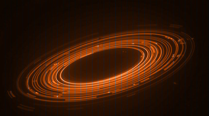 Orange holographic rings spinning on a dark, smoky background.