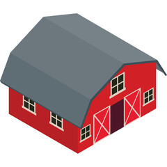 Red Barn with Grey Roof and White Windows in an Isometric View Showing Agricultural Building Structure Detailed Construction Elements Rural Farm Scene
