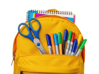 Yellow backpack filled with school supplies transparent background cutout png
