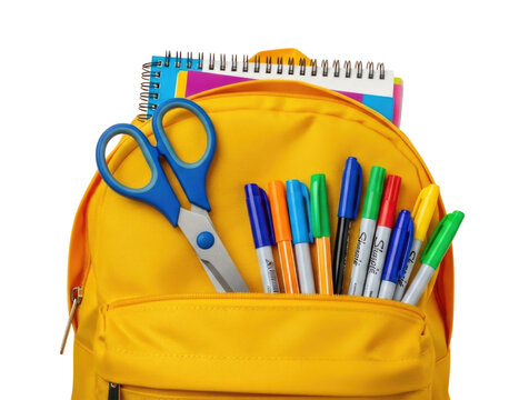 Yellow backpack filled with school supplies transparent background cutout png