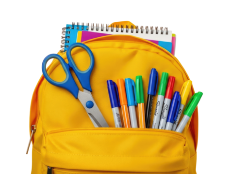 Yellow backpack filled with school supplies transparent background cutout png - Powered by Adobe