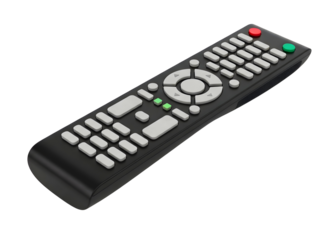 Black television remote control with white buttons isolated on transparent background