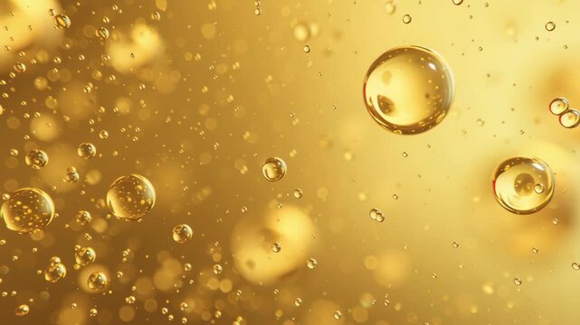 Golden oil bubbles floating in liquid close up with glowing light abstract background creating calm soothing atmosphere