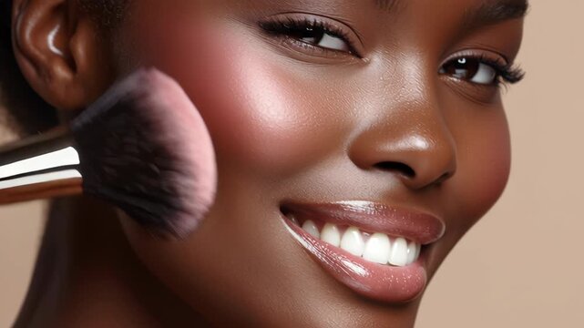 Closeup smiling african woman applying pink blush with makeup brush smooth skin, beauty face glowing with natural smile and confidence
