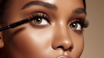 Mascara brush applying makeup on long eyelash beauty close up of woman with smooth skin and brown eyes highlighting makeup concept - Powered by Adobe