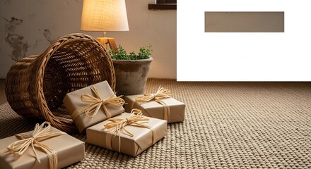 Wicker basket spills gifts on carpet by a lamp and plant creating a warm cozy scene