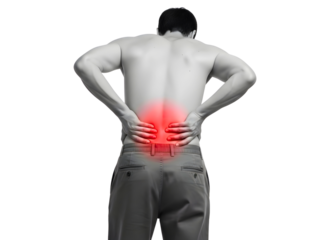 Man with lower back pain highlighted in red isolated on transparent background