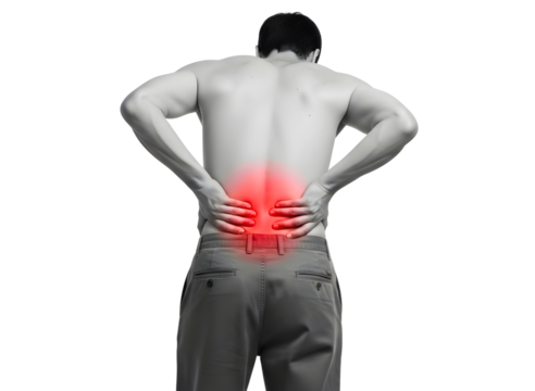Man with lower back pain highlighted in red isolated on transparent background