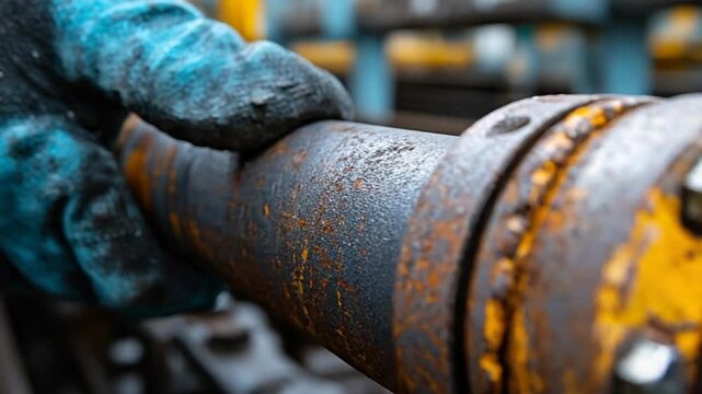 Close-up of a rusty industrial pipe being handled
