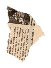 Newspaper with torn edge and text on white background close up detail view of pape