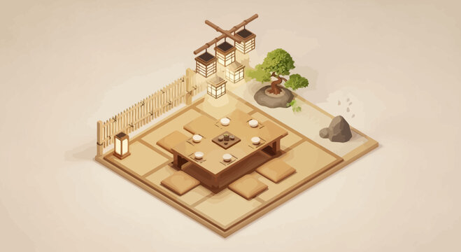 Isometric rendering presenting a peaceful japanese style tea ceremony setting