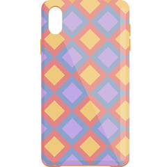 Graphic illustration of a smartphone case featuring a repeating diamond pattern in pastel yellow, lavender, and coral pink colors with a transparent background