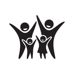Vector Icon of a Happy Family Group. Parents and Two Kids Celebrating with Arms Raised, Symbol of Love and Unity.
