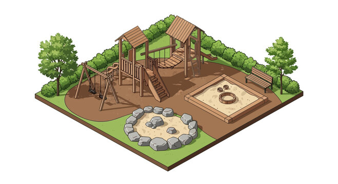 Isometric Illustration of a Playground with Swings, Slide, and Sandbox