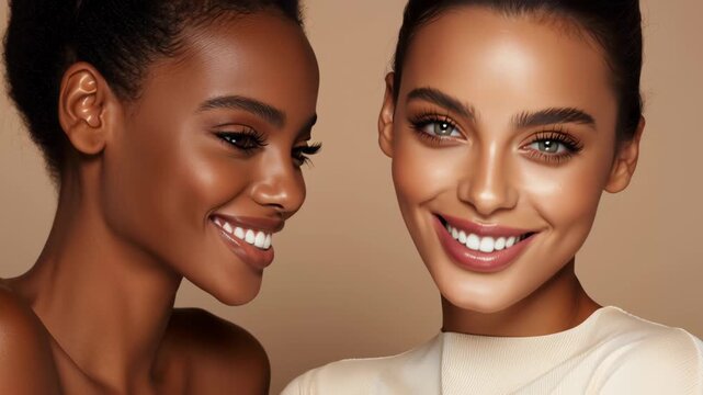 Two smiling female portraits with glowing skin and natural makeup showcasing beauty and warm smile happiness closeup